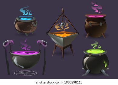 Witch cauldrons with boiling magic potions. Old cooking boilers with colored brew and steam. Vector cartoon set of copper cauldrons with sorcery poisons, witchcraft equipment