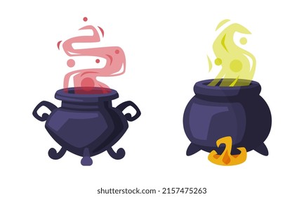 Witch cauldrons with boiling potion. Witchcraft attributes, halloween objects cartoon vector illustration