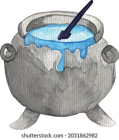 Witch cauldrons with magic potions. Old cooking boilers with colored brew. Sorcery blue poison, witchcraft equipment.