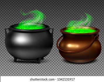 Witch cauldrons with magical green potion on transparent background realistic set isolated vector illustration