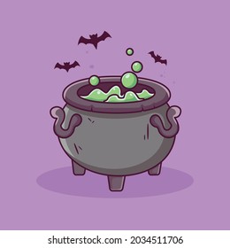 Witch cauldrons with magical green potion. witch cauldrons with boiling magic potions old cooking boilers with colored brew and steam, halloween background element