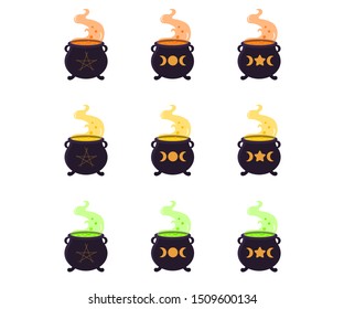 Witch cauldrons of potion and bubbles. Three types. Orange, yellow and green. Halloween illustration. Vector.