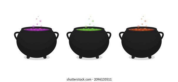 Witch cauldrons with purple, green and red boiling potion vector set for halloween