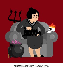Witch in chair. Skull and black cat. Sorceress and Magic Pot Potion
