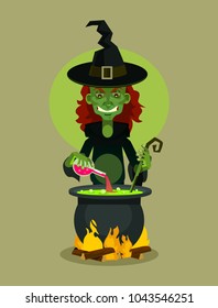 Witch character brewing potion. Vector flat cartoon illustration