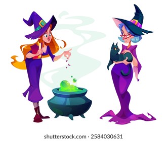 Witch character design of two magical females - young sorceress with orange hair brewing green potion and elder spellcaster holding black cat. Cartoon wizards wearing purple outfits and pointed hats.