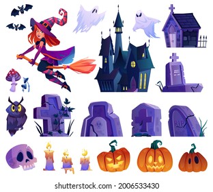 Witch character and flying bats, owl and pumpkins, gravestones and castle, ghost apparition and candles. Skull and mushroom design, set for halloween holiday celebration decoration. Cartoon vector