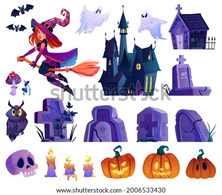 Witch character and flying bats, owl and pumpkins, gravestones and castle, ghost apparition and candles. Skull and mushroom design, set for halloween holiday celebration decoration. Cartoon vector