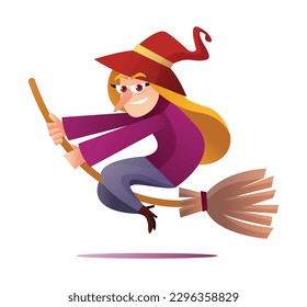 Witch character flying on broomstick cartoon illustration isolated on white background