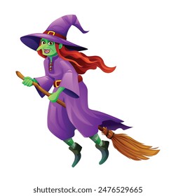 Witch character flying on broomstick. Vector cartoon illustration isolated on white background