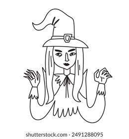 Witch character. Halloween witch in festive outfit in doodle style. Vector illustration