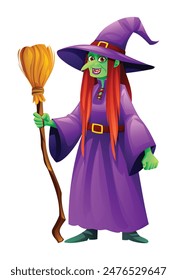 Witch character holding broomstick. Vector cartoon illustration isolated on white background