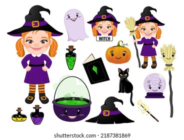 Witch character illustration with cute element flat icon set isolated on white background vector
