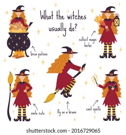 Witch character illustration. Halloween vector illustration. What the witches usually do