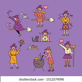 Witch character set with various actions. flat design style minimal vector illustration.