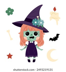 A witch character with various decorative elements. Zombie character. Little dead witch. Halloween decor for cards, poster, invitation. Illustration in flat style.