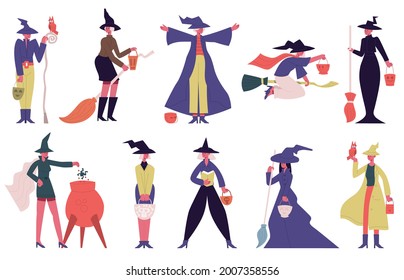 Witch characters. Female halloween characters in witch spooky costumes isolated vector illustration set. Halloween party cute witches. Costume witch female to holiday party, woman with broom