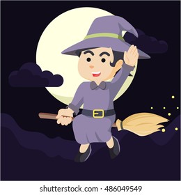 witch cheerful flying with her broom