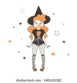 Witch chewing gum flat vector illustration. Young girl roller skating isolated cartoon character on starry white background. Spooky autumn holiday celebration. Halloween costume design element