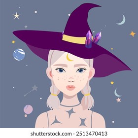 Witch chewing gum flat vector illustration. Young girl roller skating isolated cartoon character on starry white background. Spooky autumn holiday celebration. Halloween costume design element