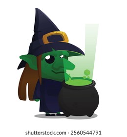 Witch Chibi character wearing Hat making magic potion in cartoon style vector flat illustration perfect for Halloween design asset item