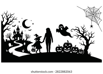 Witch and child holding jackolanterns walk on path with haunted castle moon bats