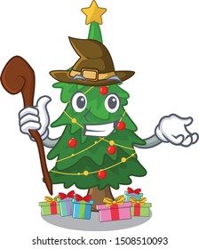Witch christmas tree next to cartoon table