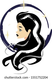 Witch in a circle of clouds and stars