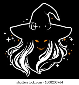 witch in a classic hat, with flowing hair and a vicious grin