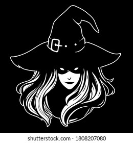 witch in a classic hat, with flowing hair and a vicious grin