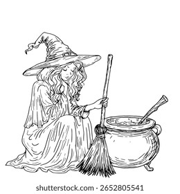 Bruxa de capa e chapéu pontiagudo, com vassoura nas mãos, esboço preto e branco. Ilustração vetorial. Menina bruxa senta-se ao lado do caldeirão, isolado no fundo. Halloween, bruxaria e tema mágico