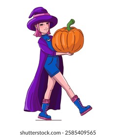 Witch in cloak with pumpkin on white background. Modern witch. Vector illustration.