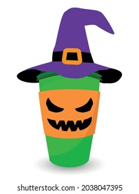 Café de bruja, café para ir con sombrero de bruja - leche de calabaza de Halloween. Bien por camisetas, tazas, decoración de casa, regalo, imprenta. Cita de vacaciones. ¡Feliz Halloween, truco o regalo!