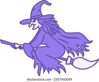 Witch Color Icon. Vector Icon of Evil Witch Flying on Broom. Fairytale Character. Halloween Concept
