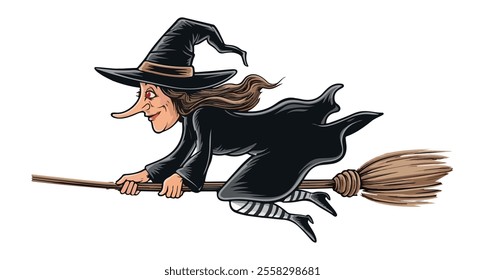 Witch Color Icon. Vector Icon of Evil Witch Flying on Broom. Fairytale Character. Halloween Concept