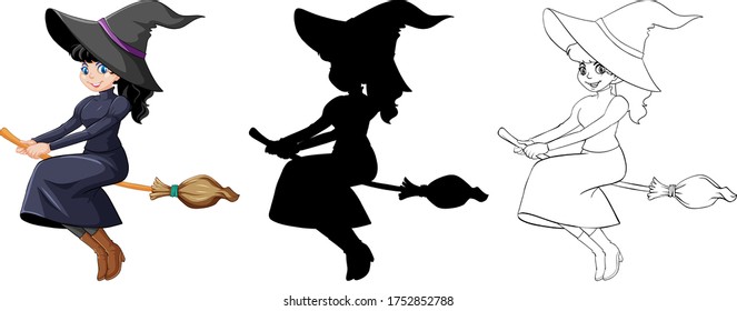 Witch in color and outline and silhouette cartoon character isolated on white background illustration