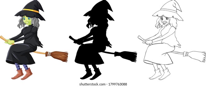 Witch in color and outline and silhouette cartoon character isolated on white background illustration