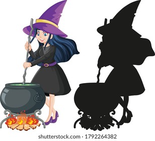 Witch in color and silhouette cartoon character isolated on white background illustration