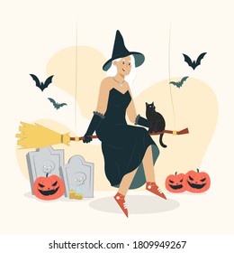 Witch concept halloween party illustration for banner, poster, website, etc.