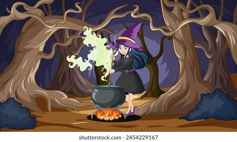 A witch concocts a magical potion under moonlit trees.