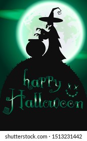 Witch conjures in the moonlight. Vector Halloween poster. EPS 10