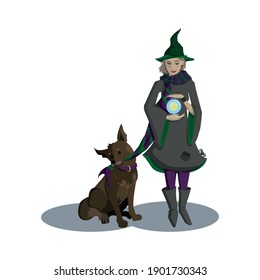 A witch conjures on a magic ball, while her restless dog prevents her from working.