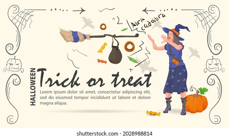 A witch conjures sweets for the Halloween holiday, flat illustration