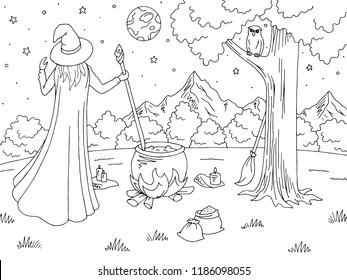 Witch conjuring. Mountain graphic black white landscape sketch illustration vector