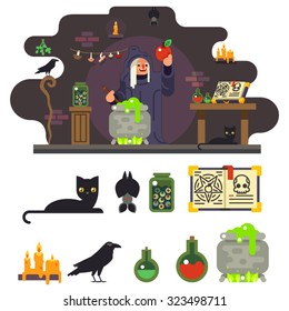 Witch cook magical sweet apple laboratory icons set background flat design vector illustration