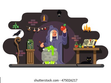 Witch cook magical sweet apple laboratory icons background flat design vector illustration
