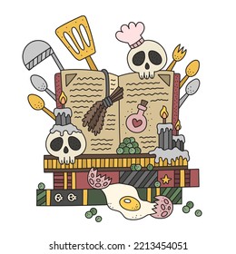 Witch cooking book. Wizard spell book. Alchemy schoolbook with recipes for potion. Skull cook and ingredients. Funny cartoon vector illustration