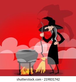 Witch cooking in cauldron in front of a red background.