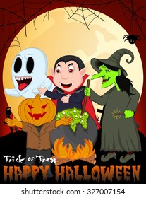 Witch Cooking, Dracula, Mr. Pumpkin And Ghost Under Full Moon Vector Illustration For Happy Halloween
