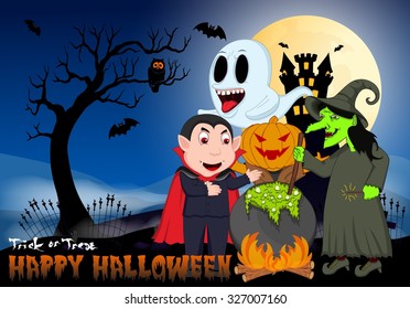 Witch Cooking, Dracula, Mr. Pumpkin And Ghost Under Full Moon Vector Illustration For Happy Halloween